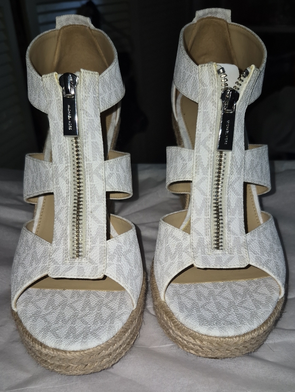 Michael Kors Ivory Logo Espadrille Wedge Sandals with Front Zip